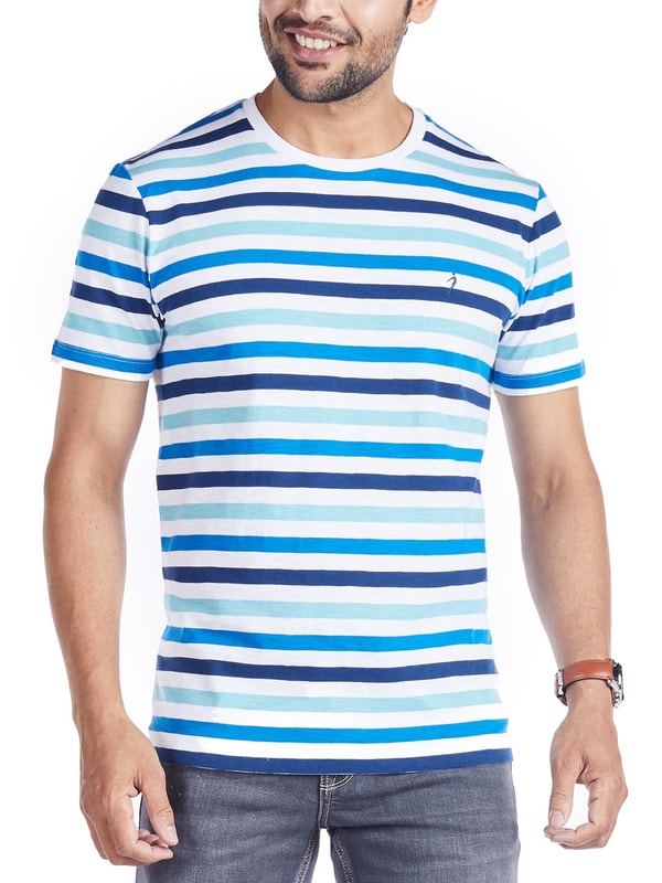 Sky Blue Striped Crew Neck T-Shirt